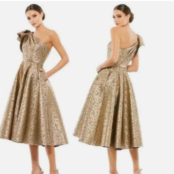 MAC DUGGAL 67906 ONE SHOULDER BOW MIDI ANTIQUE BRONZE METALLIC BROCADE DRESS 2 - Picture 5 of 5